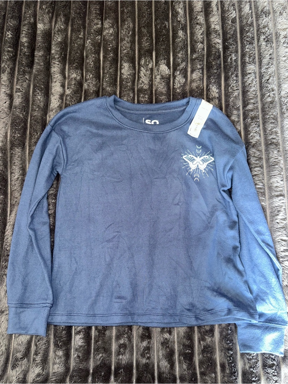 SO Navy Blue Long-Sleeve Tee with White butterfly Graphic
